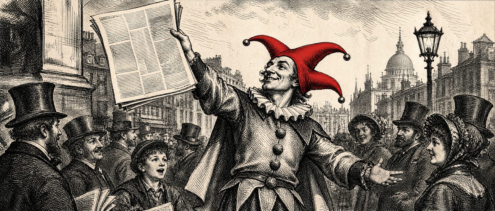 Engraved illustration of a jester holding up a broadsheet newspaper on a busy street