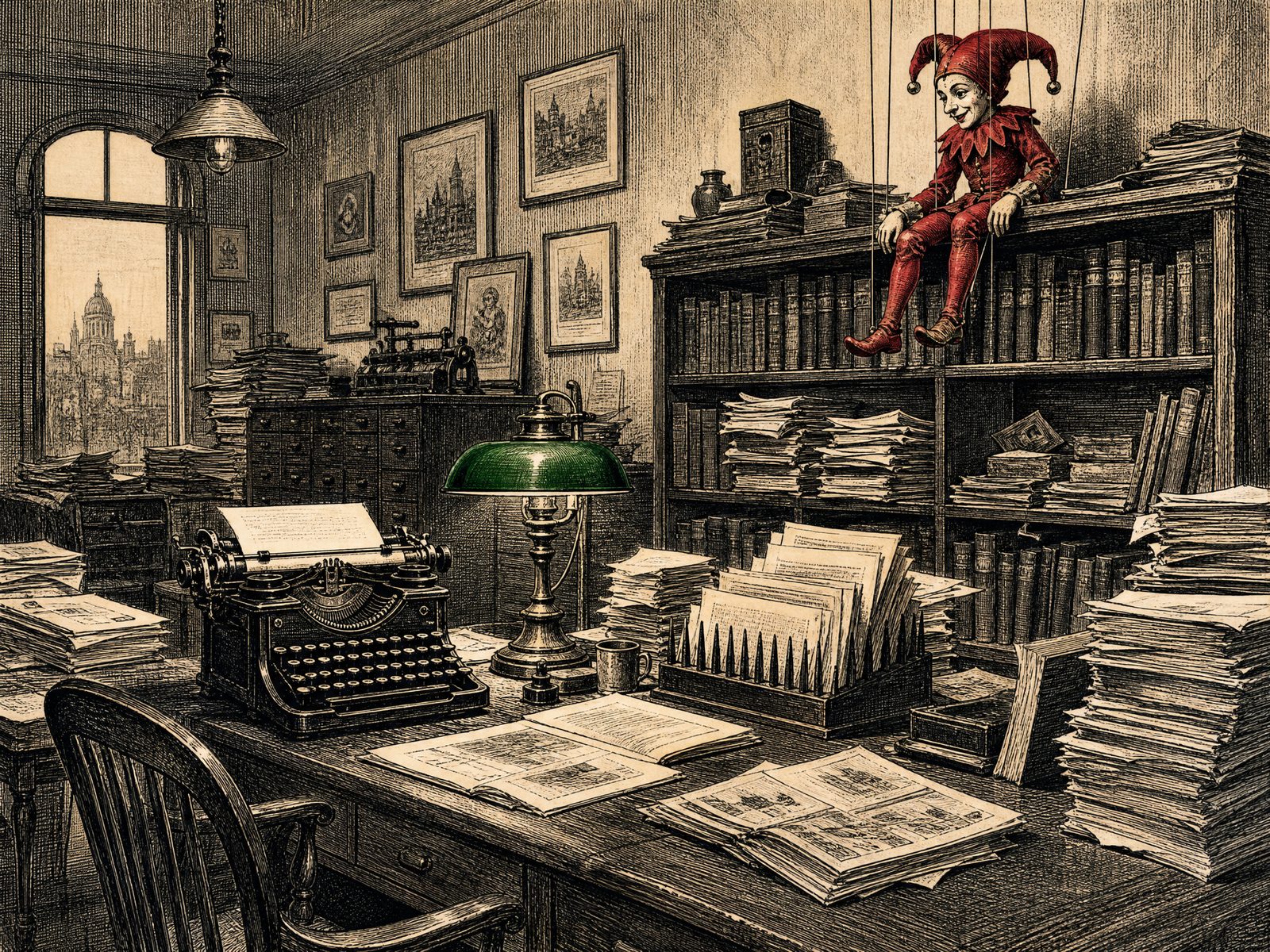 Engraving of a cluttered newspaper editor's office with a red jester marionette on the bookshelf