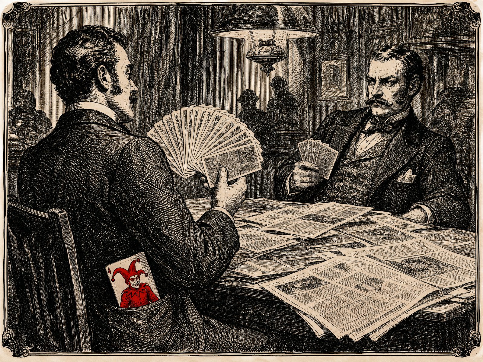 Engraving of two gentlemen playing cards over newspapers