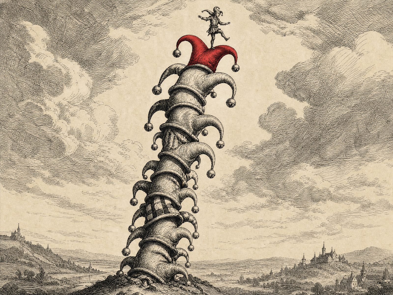 Engraving of a tall wobbling tower of jester caps