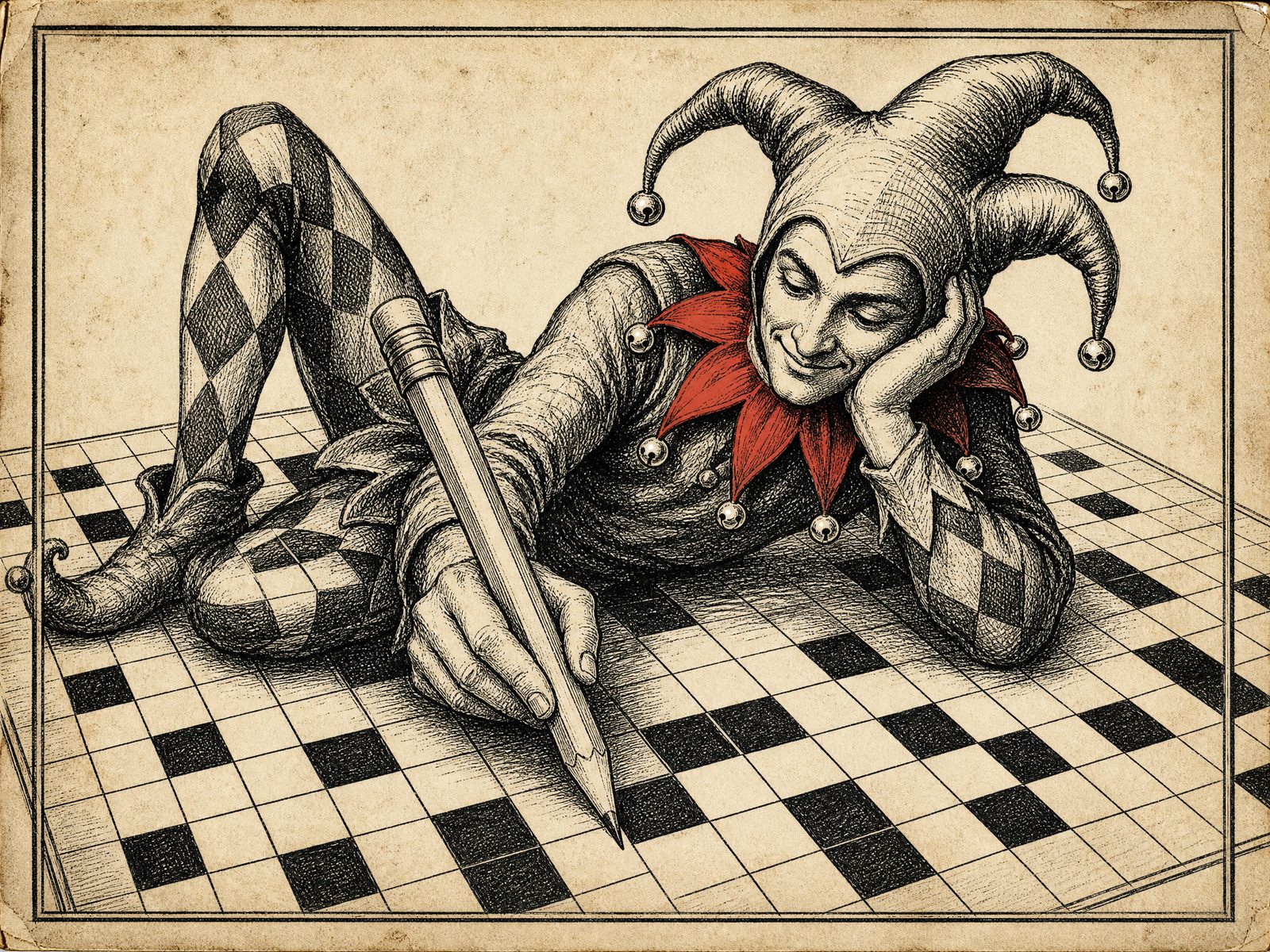 Engraving of a jester lounging across a giant crossword grid filling in a square with an oversized pencil