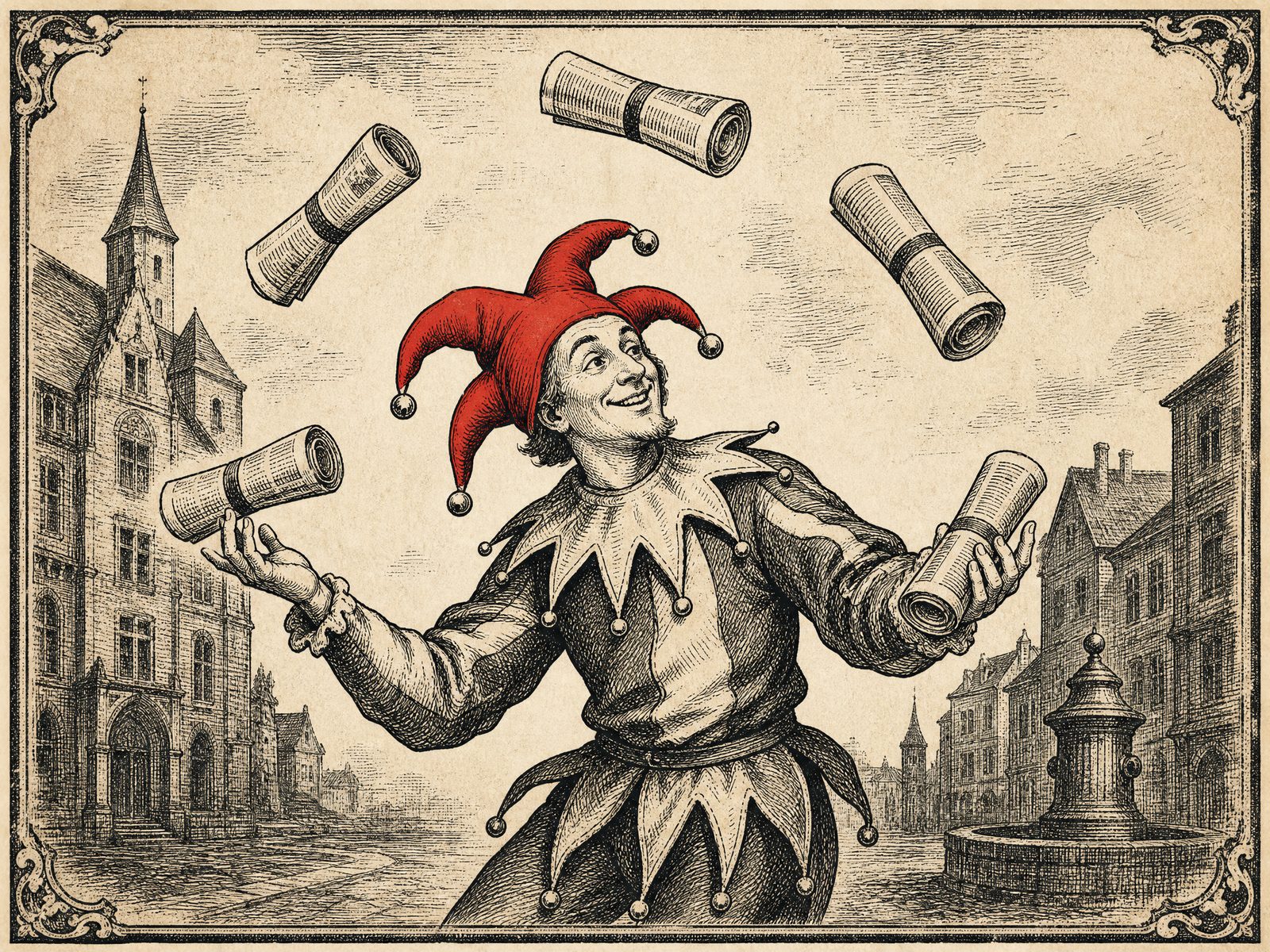 Engraving of a jester juggling rolled newspapers
