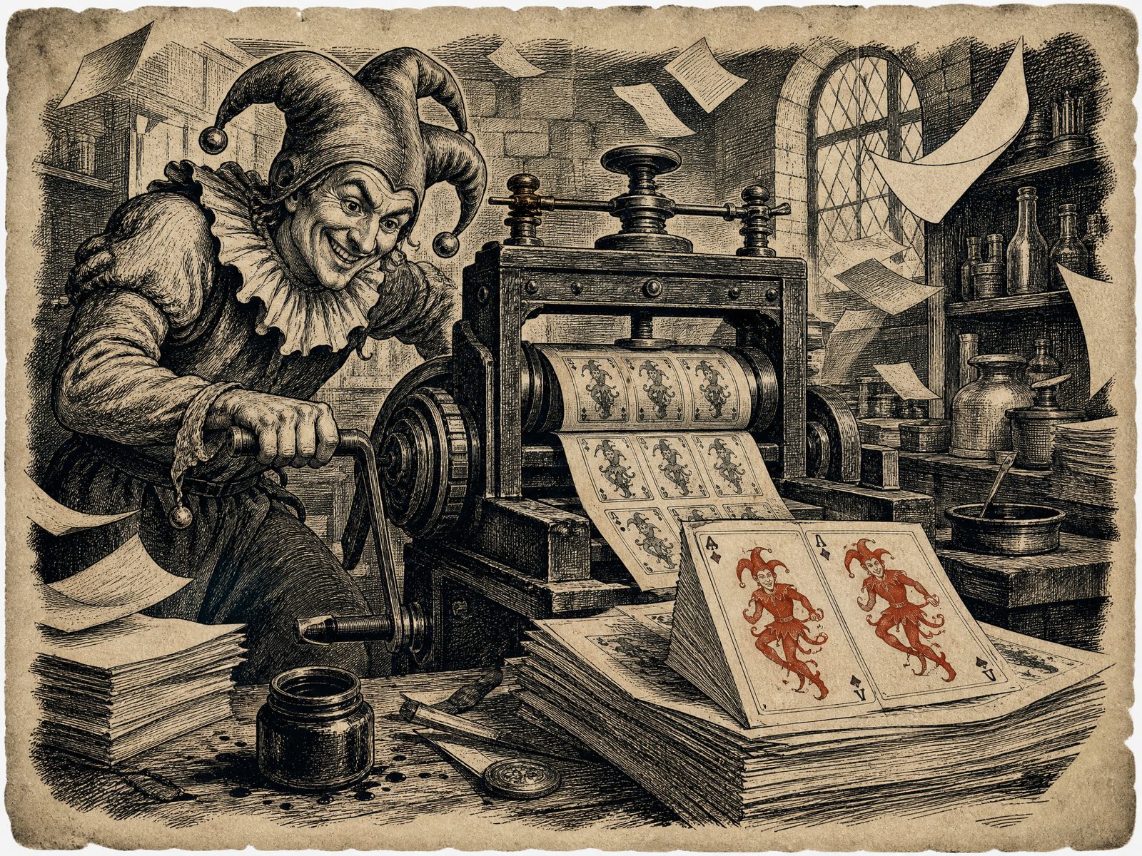 Engraving of a jester cranking an old printing press producing pairs of playing cards